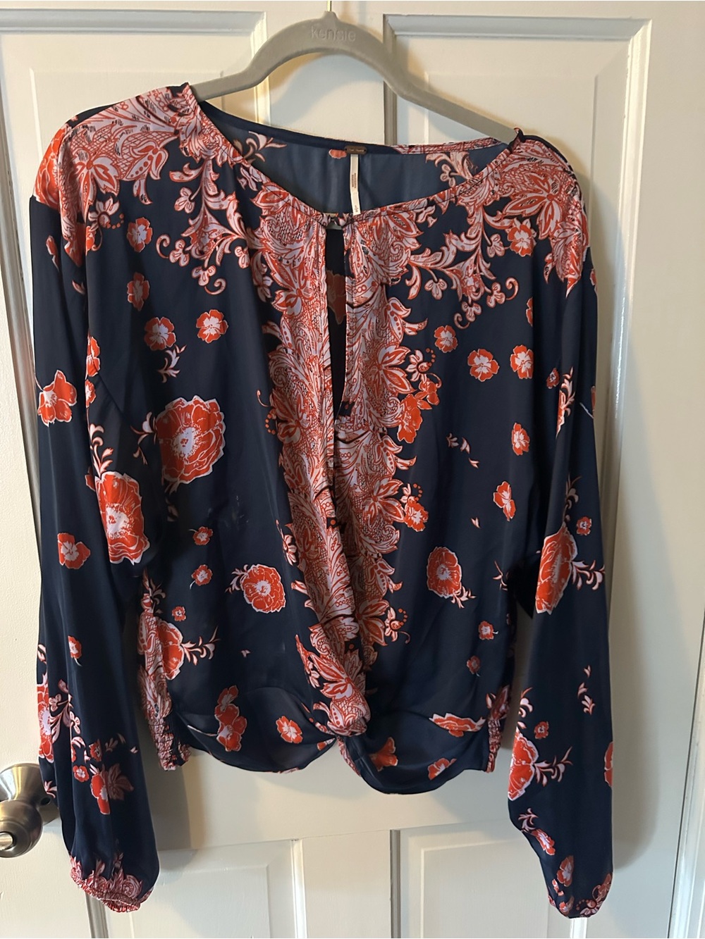 Free People Navy Blue Blouse with Coral Floral Print
